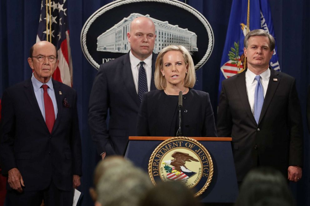 PHOTO: Then-Homeland Security Secretary Kirstjen Nielsen announces new criminal charges against Chinese telecommunications giant Huawei at the Department of Justice, Jan. 28, 2019 in Washington.