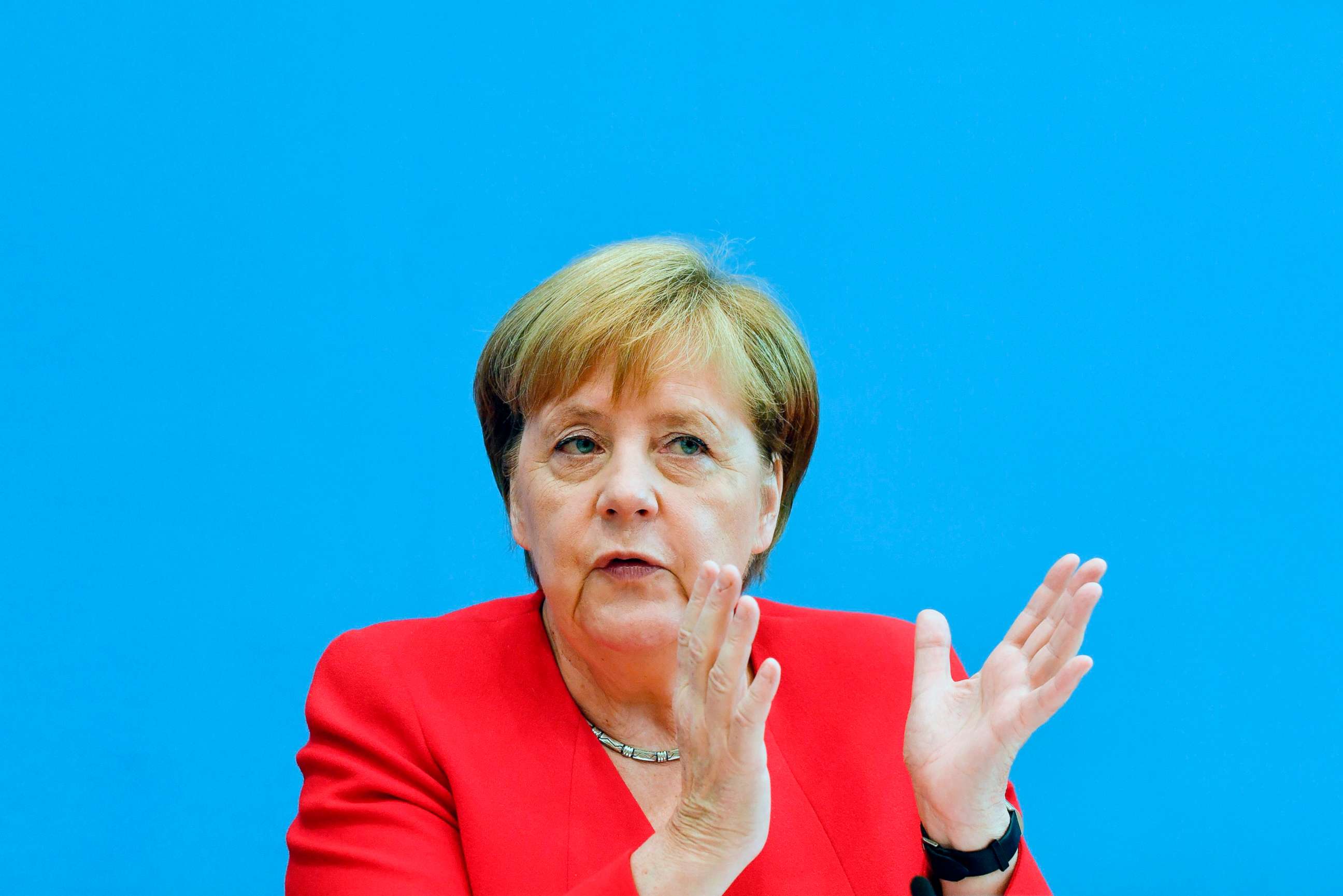 PHOTO: German Chancellor Angela Merkel speaks during her summer press conference in Berlin, on July 19, 2019.