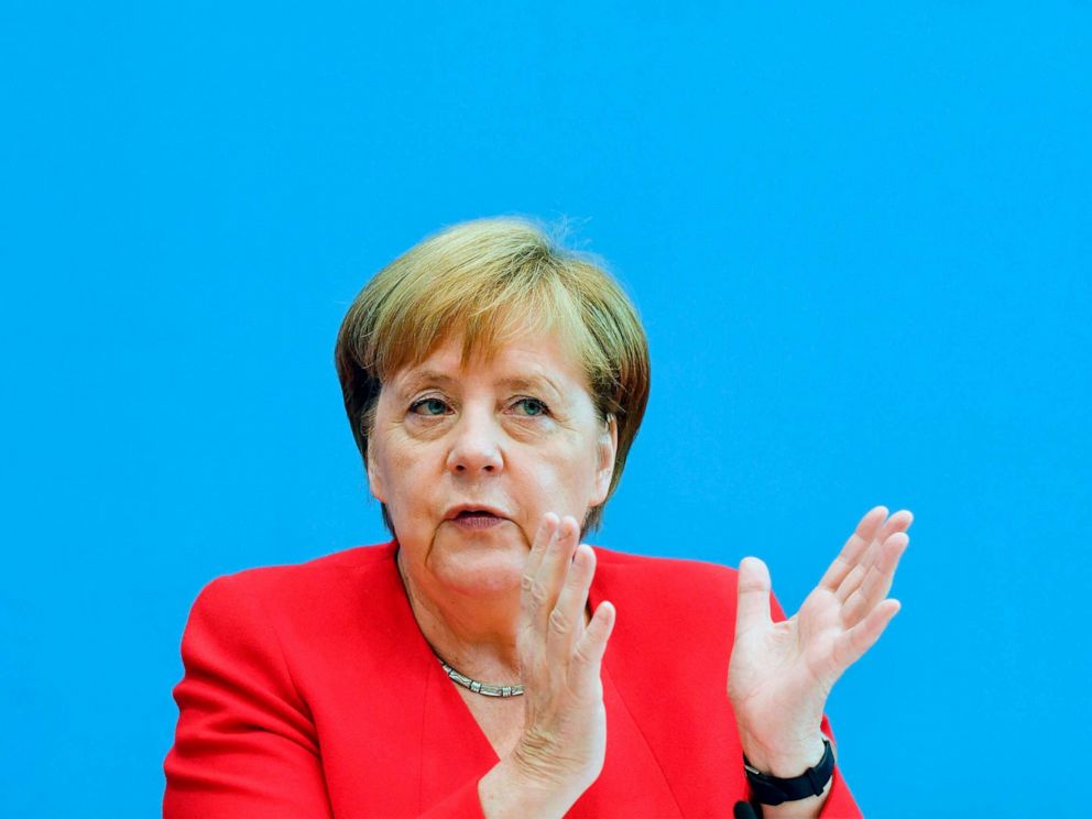 PHOTO: German Chancellor Angela Merkel speaks during her summer press conference in Berlin, on July 19, 2019.