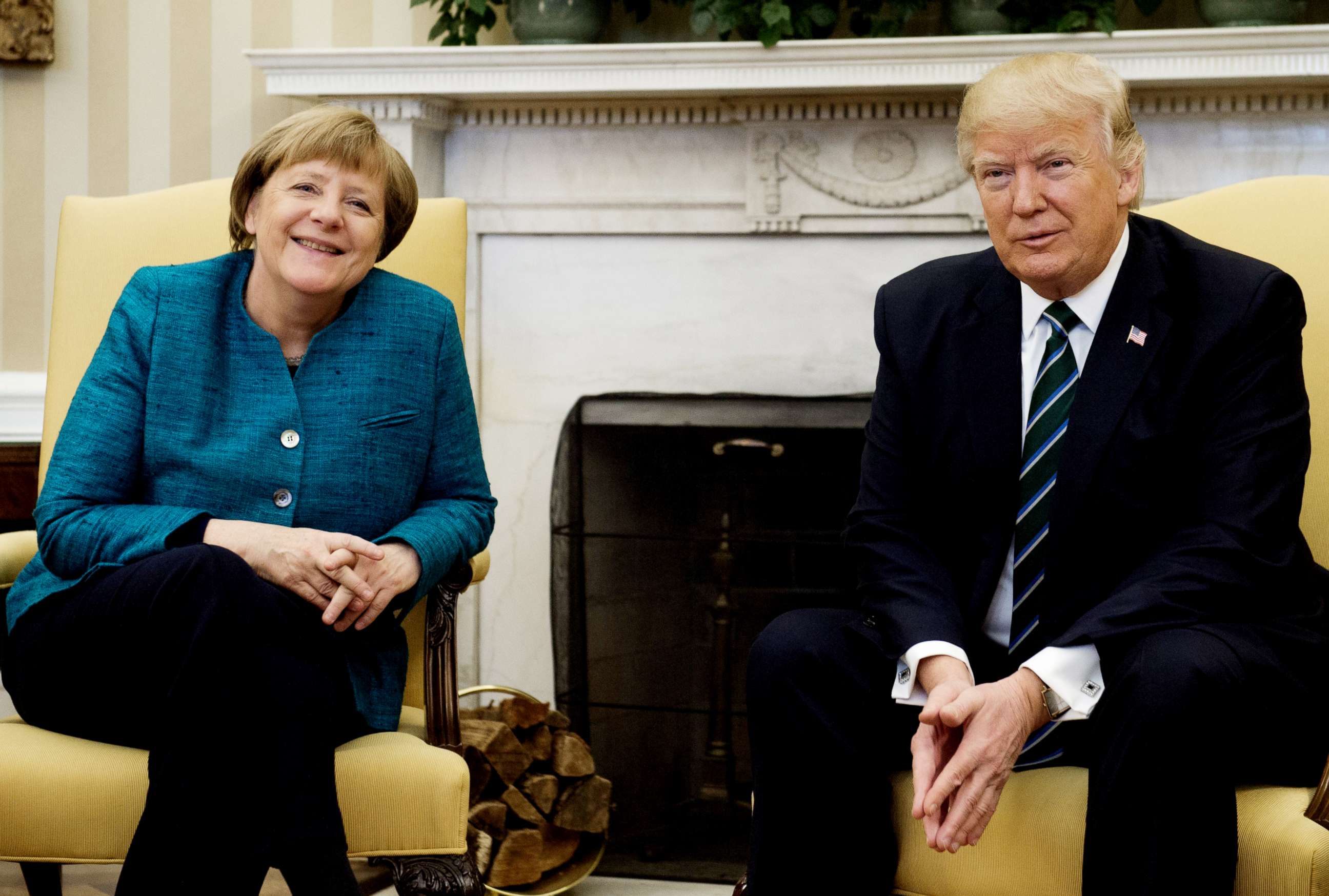 PHOTO: President Donald Trump and German Chancellor Angela Merkel meet in the Oval Office of the White House in this file photo taken March 17, 2017.