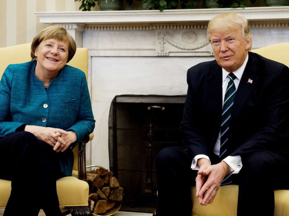 PHOTO: President Donald Trump and German Chancellor Angela Merkel meet in the Oval Office of the White House in this file photo taken March 17, 2017.