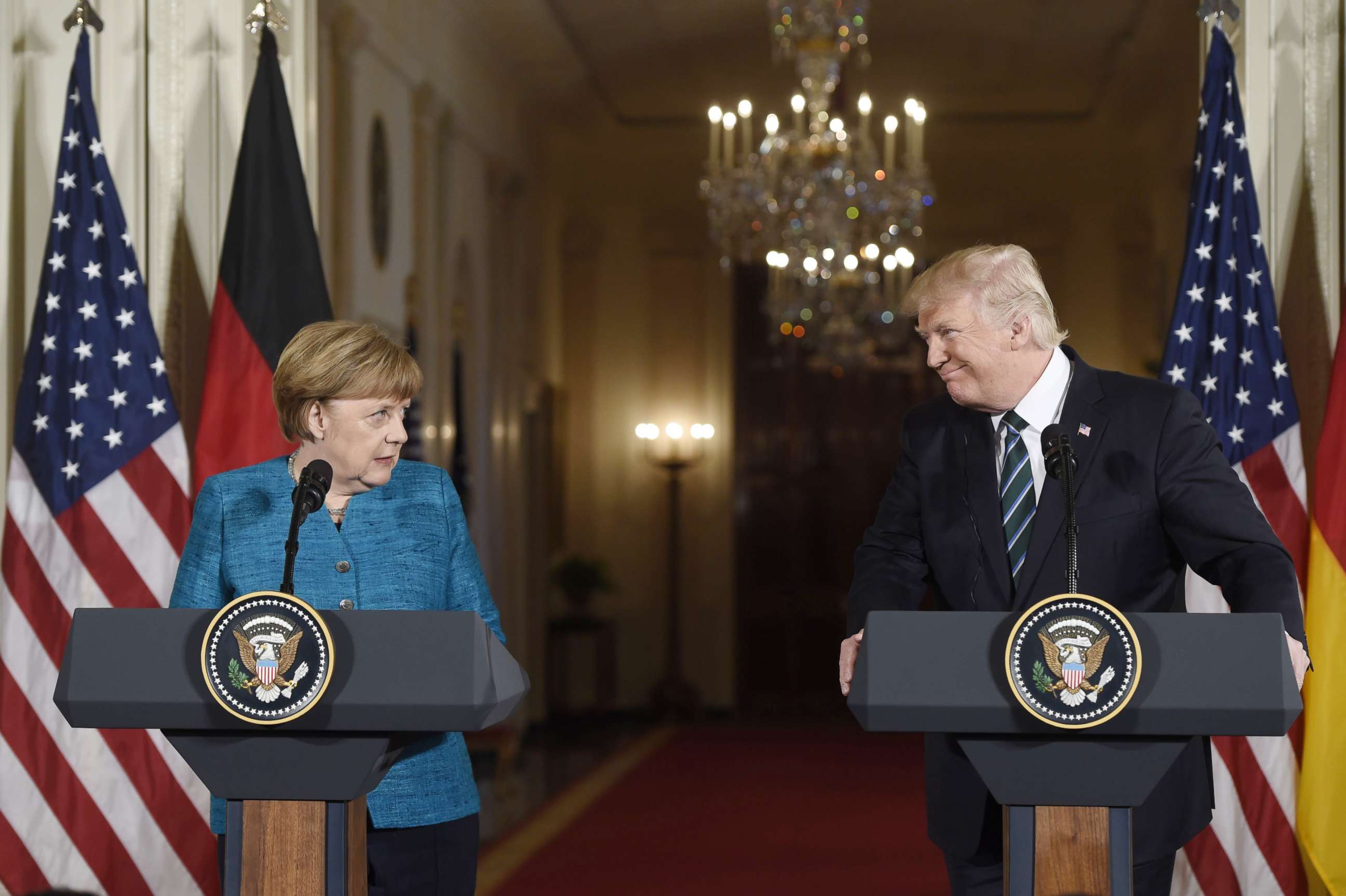 PHOTO: German Chancellor Angela Merkel and President Donald Trump hold a joint press conference in the East Room of the White House in Washington in this March 17, 2017 file photo.
