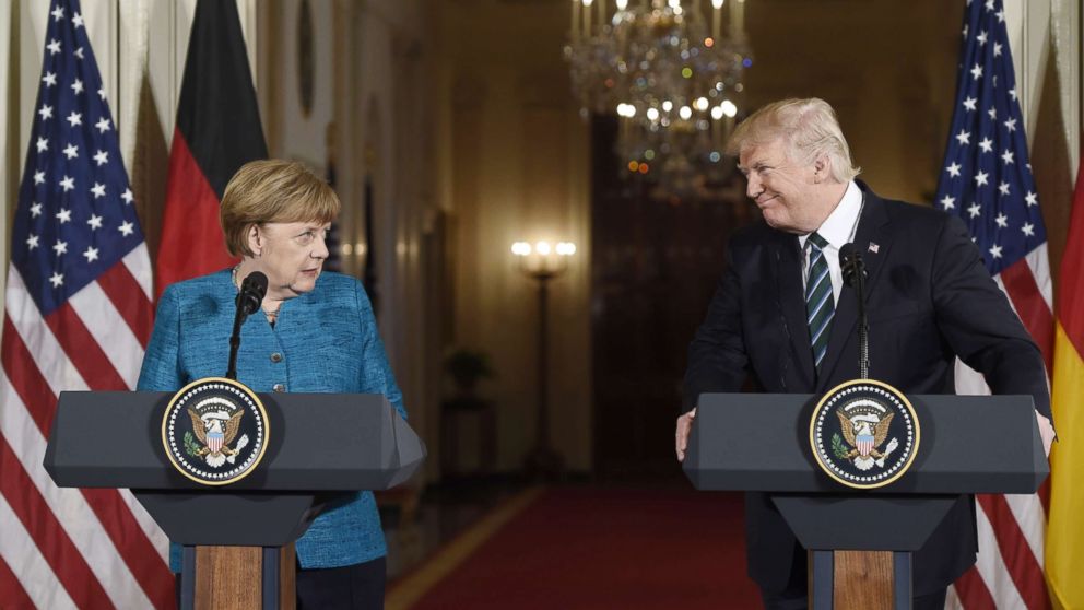 PHOTO: German Chancellor Angela Merkel and President Donald Trump hold a joint press conference in the East Room of the White House in Washington in this March 17, 2017 file photo.