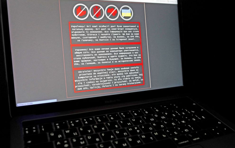 PHOTO: A laptop screen displays a warning message in Ukrainian, Russian and Polish, that appeared on the official website of the Ukrainian Foreign Ministry after a massive cyberattack, Jan. 14, 2022.