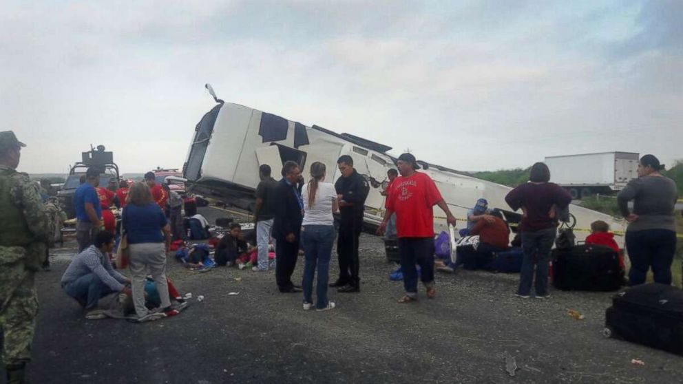 A bus from Houston, Texas travelling to Monterrey, Mexico overturned on a highway in Mexico, April 3, 2018.