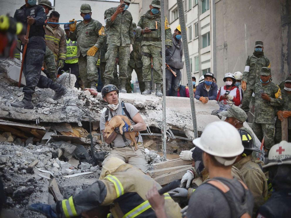 PHOTO: A rescuers pulls a dog out of the rubble during the search for survivors in Mexico City, Sept. 20, 2017, after a strong earthquake hit central Mexico on Sept. 19, 2017.