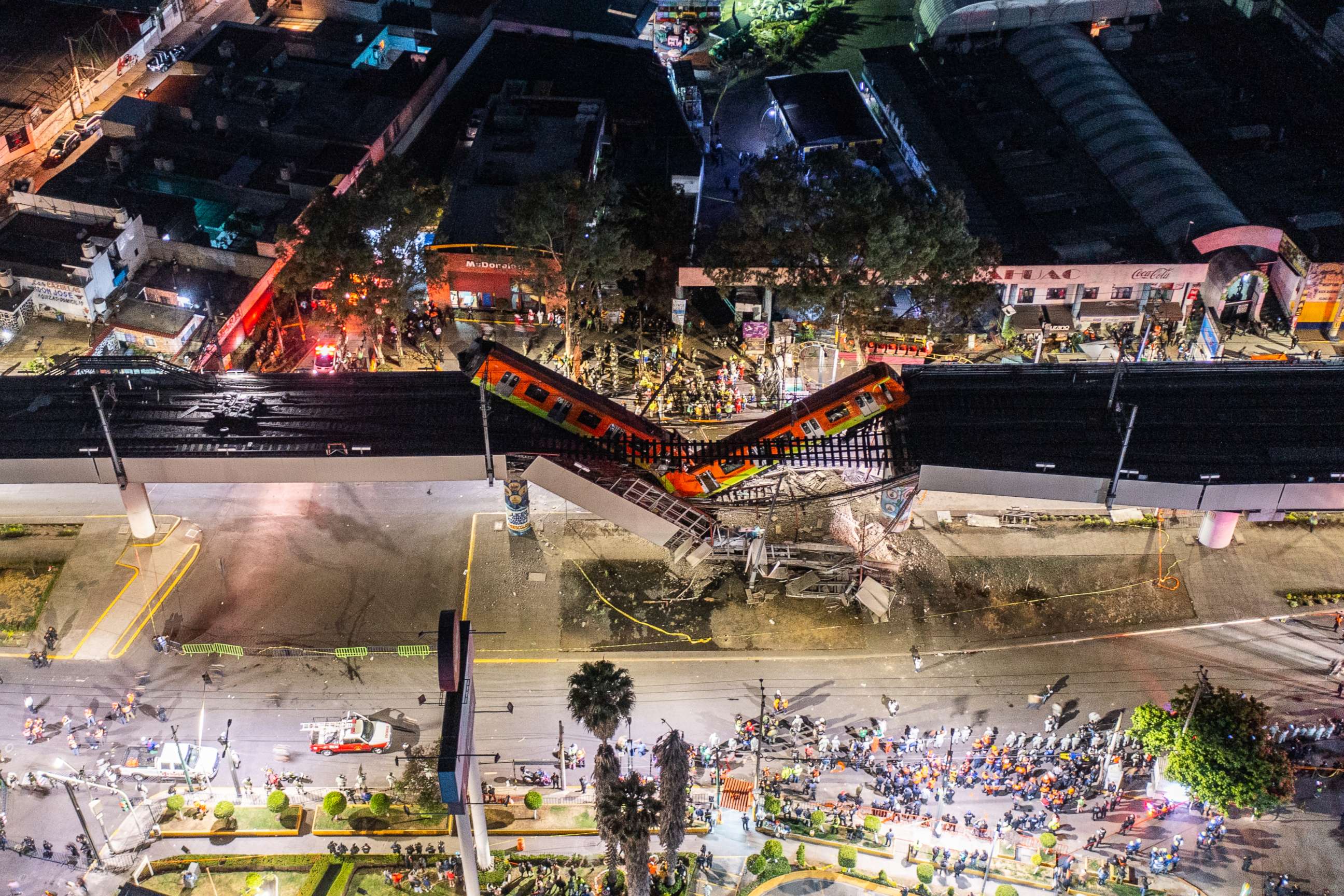 PHOTO: An aerial view of the scene after an elevated metro line collapsed onto a busy road in Mexico City, Mexico, on May 3, 2021.