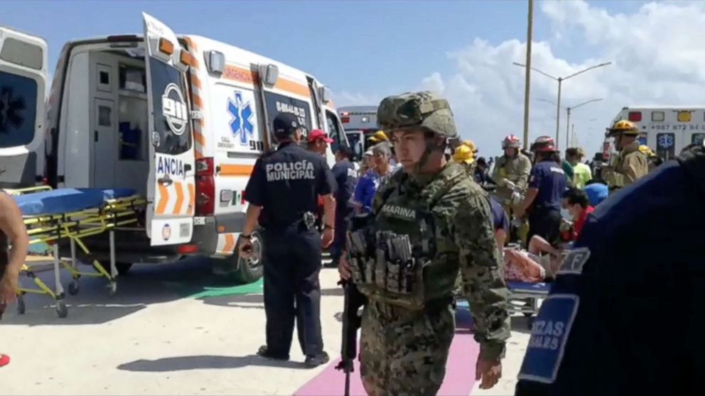Emergency crews attend to the scene of an explosion at Playa del Carmen, Quintana Roo, Mexico, Feb. 21, 2018, in this still image obtained from social media video.