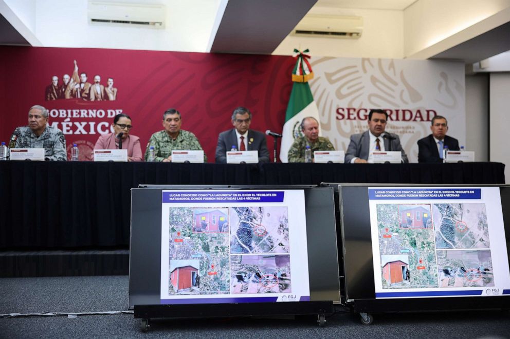 PHOTO: Images of the place where 4 American citizens were found are shown in screens during a press conference to give details after two American citizens were found dead in Matamoros, Tamaulipas, on March 07, 2023 in Mexico City.
