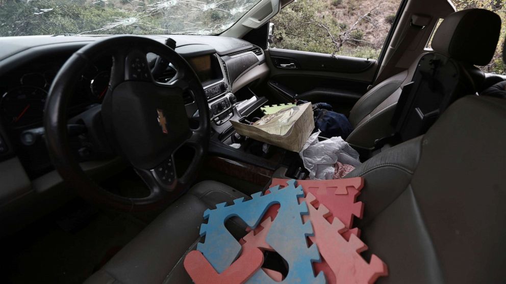 PHOTO: Foam floor puzzle pieces seen inside a bullet-riddled a vehicle that members of LeBaron family were traveling in, sits parked on a dirt road near Bavispe, at the Sonora-Chihuahua border, Mexico, Wednesday, Nov 6, 2019.