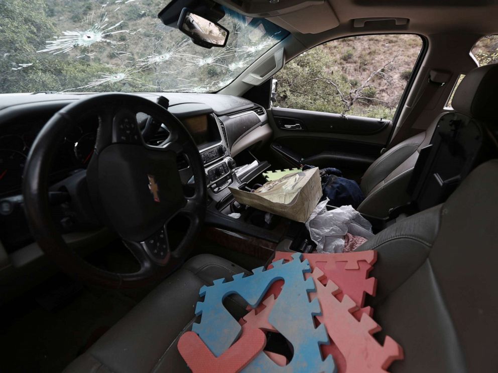 PHOTO: Foam floor puzzle pieces seen inside a bullet-riddled a vehicle that members of LeBaron family were traveling in, sits parked on a dirt road near Bavispe, at the Sonora-Chihuahua border, Mexico, Wednesday, Nov 6, 2019.