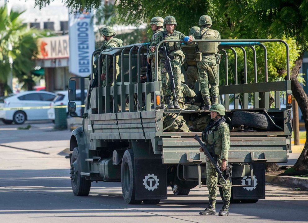 PHOTO: Mexican soldiers patrol around the city a day after a gun battle between gunmen and security forces in Culiacan, Mexico, on Oct. 18, 2019.