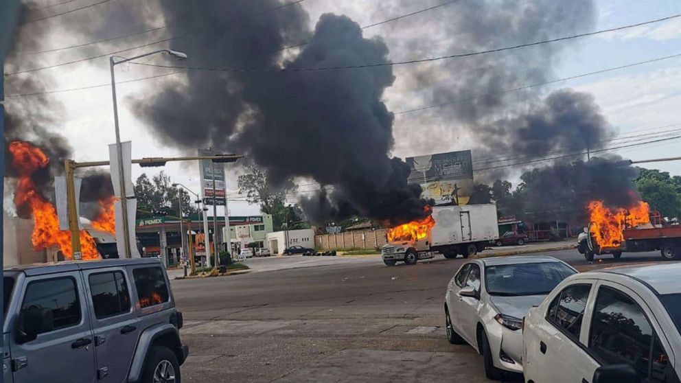 PHOTO: A view of vehicles on fire during a clash between armed gunmen and Federal police and military soldiers, in the streets of the city of Culiacan, Sinaloa state, Mexico, Oct. 17, 2019.
