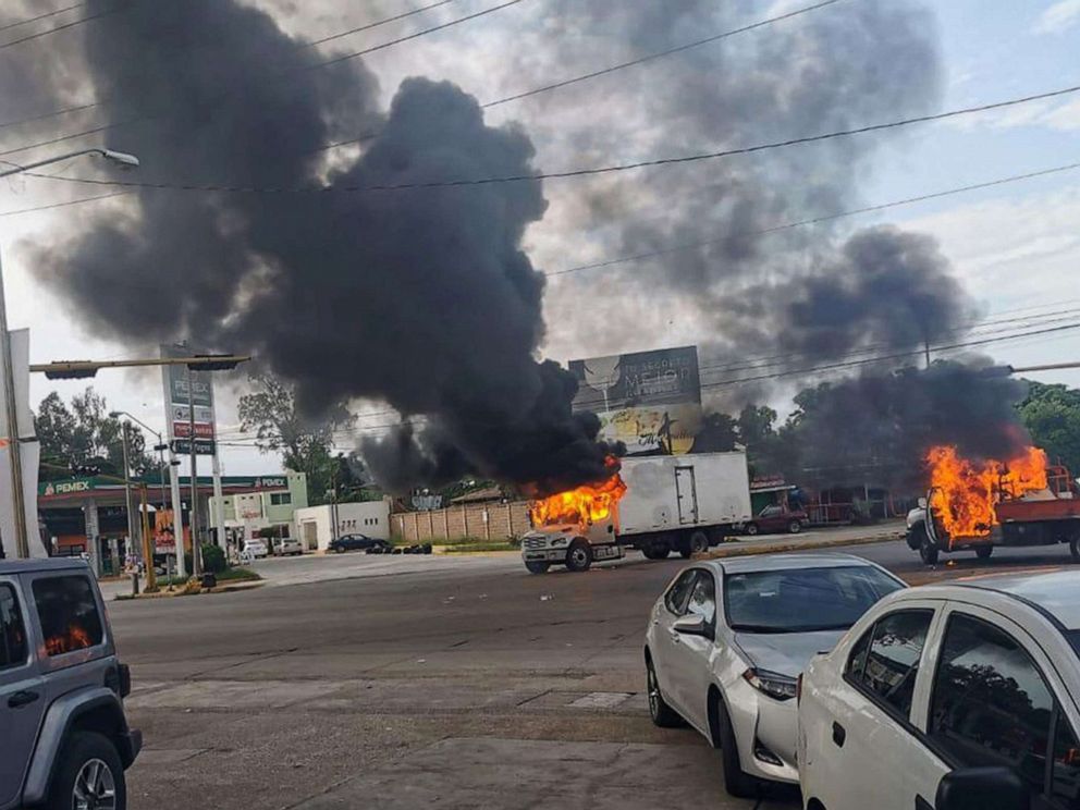 PHOTO: A view of vehicles on fire during a clash between armed gunmen and Federal police and military soldiers, in the streets of the city of Culiacan, Sinaloa state, Mexico, Oct. 17, 2019.