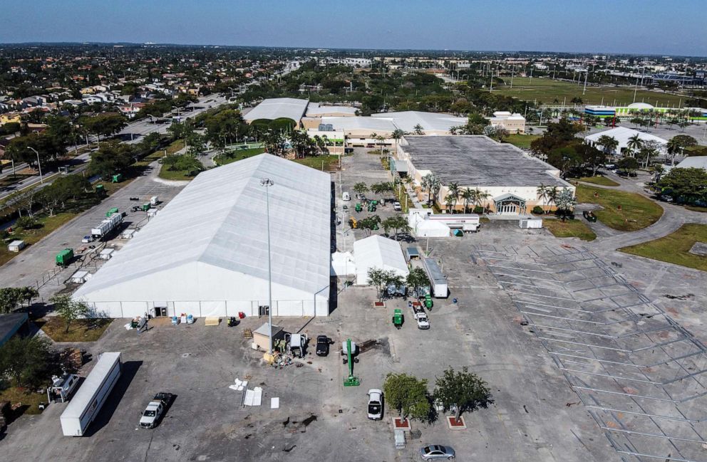 PHOTO: A makeshift field hospital is seen at Miami-Dade County fairground in Miami, Fla., March 26, 2020. The 250-bed field hospital is being set up at Miami-Dade county fairground as the county prepares for a surge of coronavirus cases. 