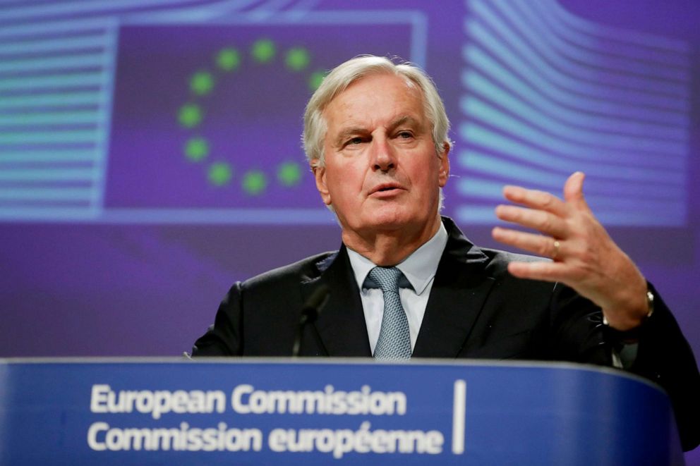 PHOTO: European Union chief Brexit negotiator Michel Barnier gives a press briefing on the sidelines of Brexit negotiation in Brussels, Belgium, Oct. 17,  2019.