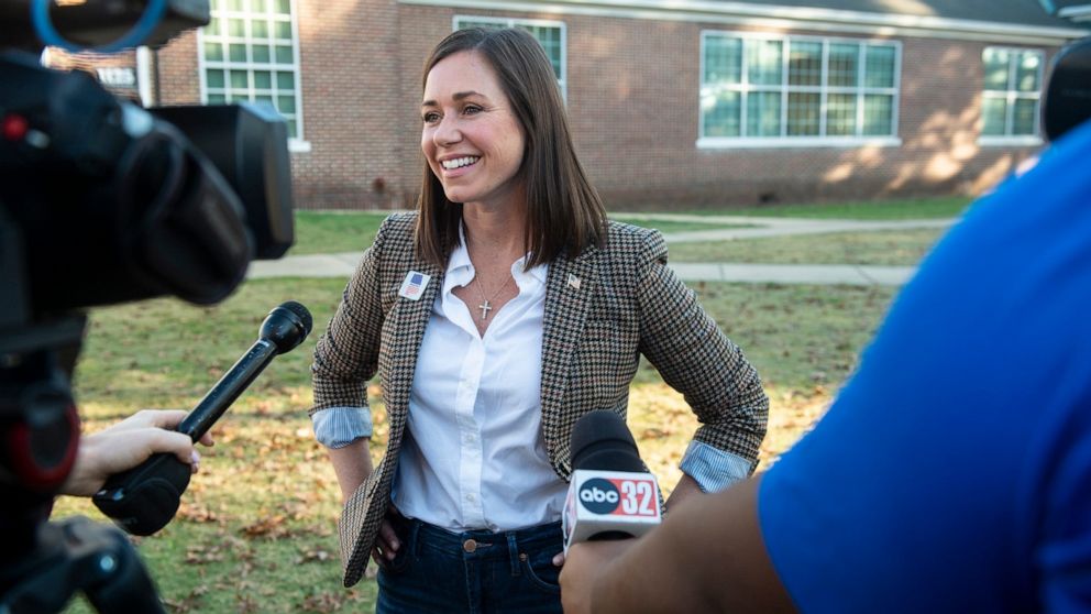 PHOTO: Senate candidate Katie Britt talks to the media after voting at Huntingdon College in Montgomery, Ala., Nov. 8, 2022.