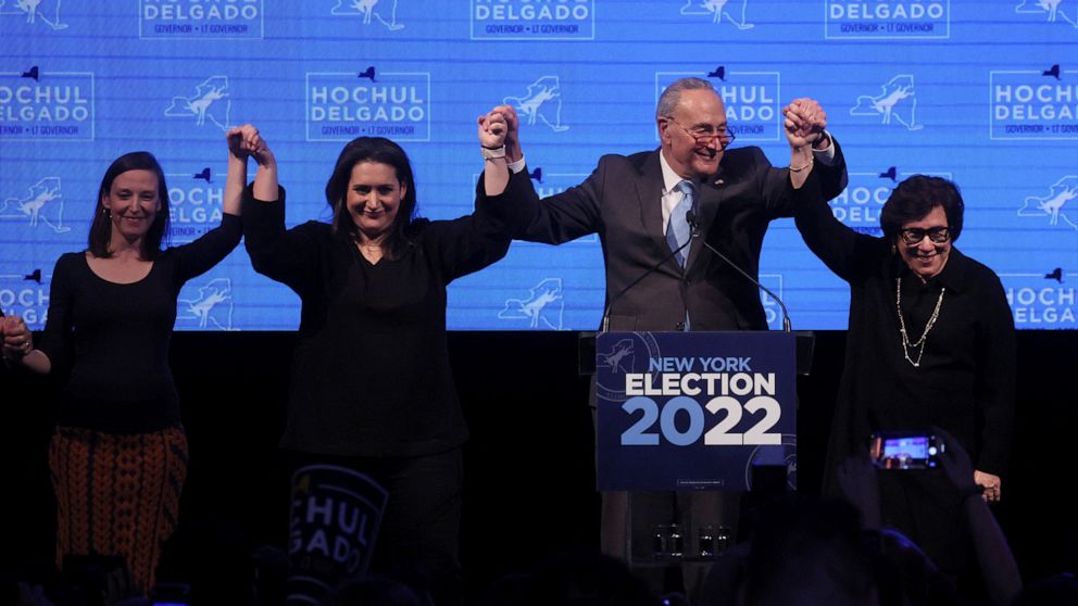 PHOTO: Senate Democratic leader Chuck Schumer celebrates his victory along with his wife Iris Weinshall and his daughters, Jessica and Alison Emma Schumer, at the Democratic midterm election night party in New York, Nov. 8, 2022.  