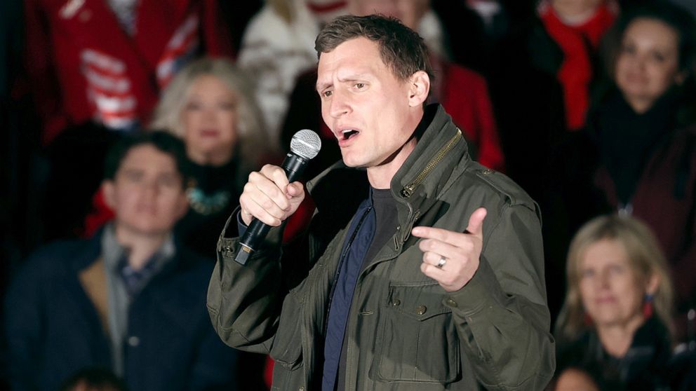 PHOTO: Arizona Republican senate candidate Blake Masters speaks during a get out the vote campaign rally in Prescott, Ariz., Nov. 7., 2022.