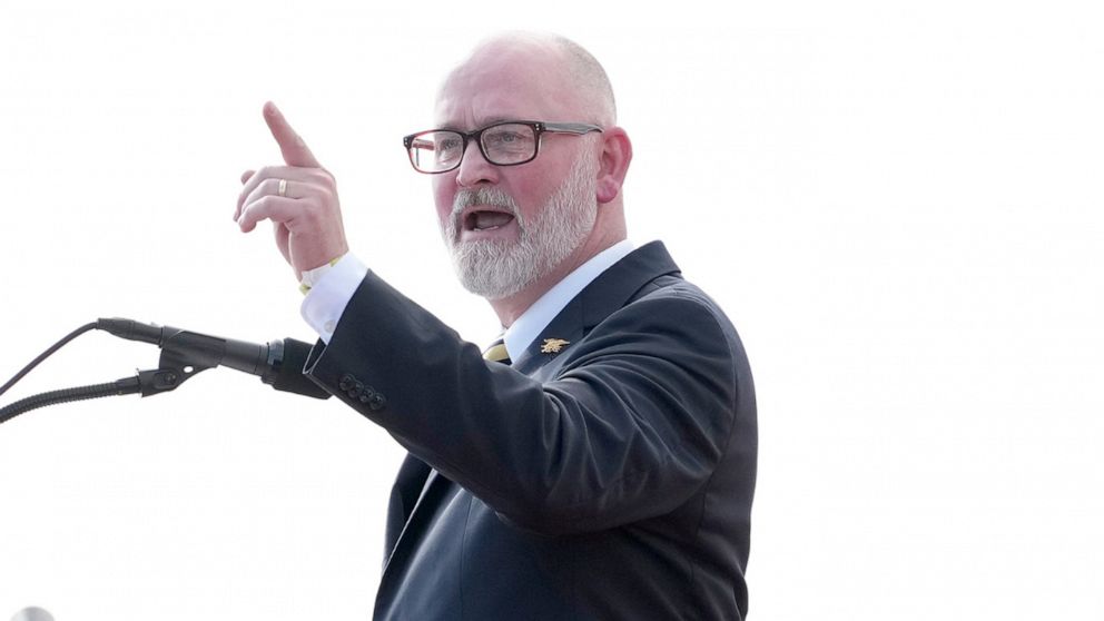 PHOTO: Congressional candidate Derrick Van Orden speaks during a campaign rally in Waukesha, Wisc., Aug. 5, 2022.