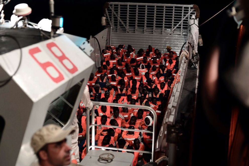 PHOTO: Migrants aboard SOS Mediterranee's Aquarius ship after being rescued in the Mediterranean Sea, in a photo released by by French NGO "SOS Mediterranee," on June 11, 2018. The ship, carrying more than 600 people, has been unable to dock.