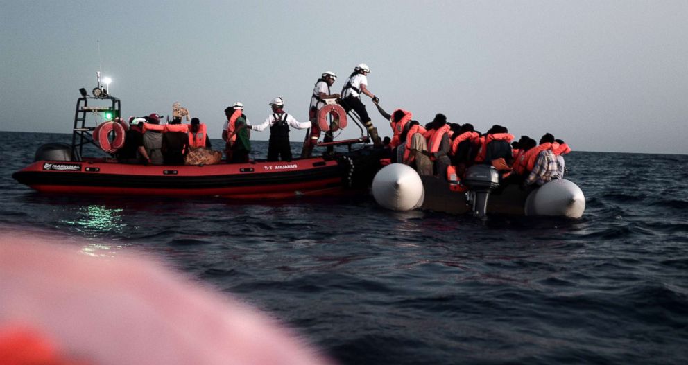 PHOTO: Migrants are rescued in the Mediterranean sea on June 9, 2018 in a picture released on June 11, 2018 by SOS Mediterranee, before boarding the French NGO's ship Aquarius.
