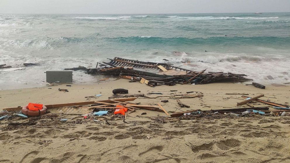PHOTO: This photo obtained from Italian news agency Ansa, taken on Feb. 26, 2023 shows debris of a shipwreck washed ashore in Steccato di Cutro, south of Crotone, after a migrants' boat sank off Italy's southern Calabria region.