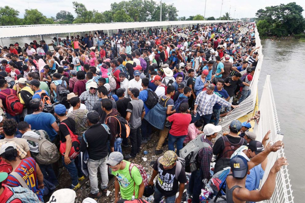 PHOTO: Honduran migrants taking part in a caravan to the U.S., on Mexican soil after crossing the Suchiate River, Oct. 20, 2018.