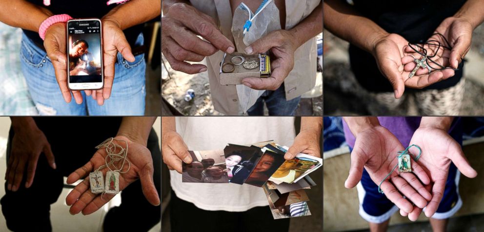 PHOTO: This combination of pictures taken on Aug. 10, 2018, and created on August 14, 2018, shows migrants holding their most valuable belongings.