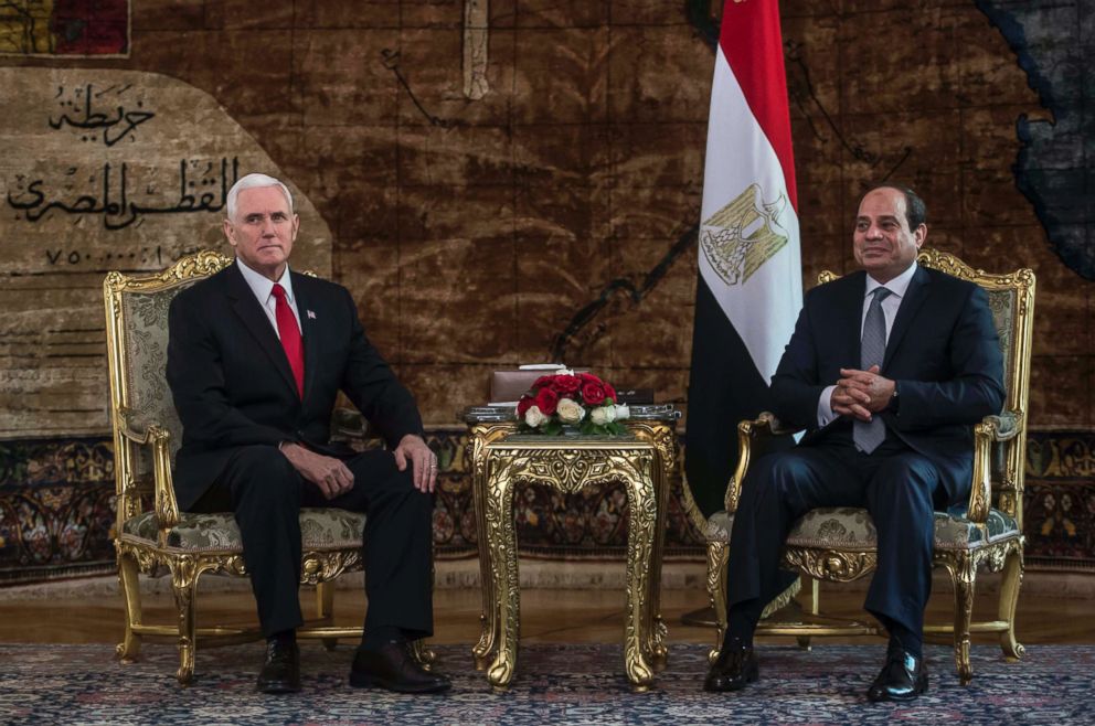 PHOTO: Egyptian President Abdel Fattah al-Sisi (R) meets with Vice President Mike Pence (L) at the Presidential Palace in Cairo on January 20, 2018.