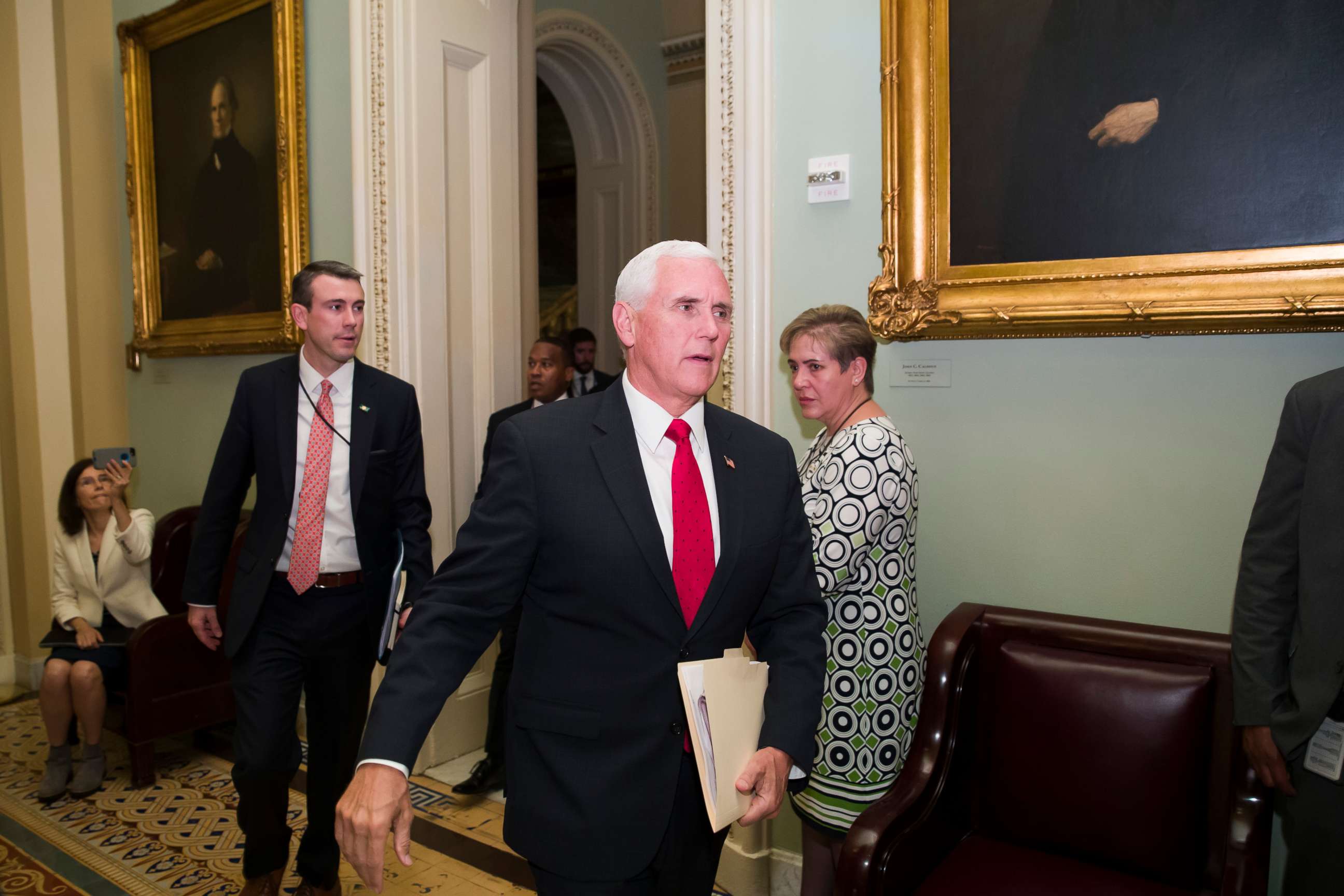 PHOTO: Vice President Mike Pence arrives for the Republican policy luncheon on Capitol Hill, May 7, 2019, in Washington.