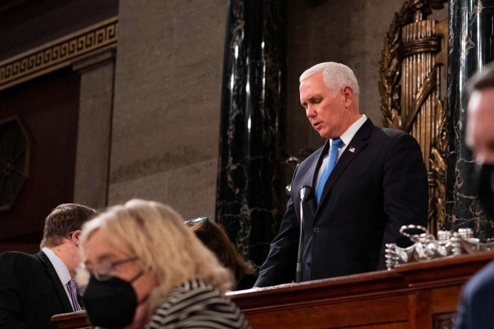 PHOTO: Vice President Mike Pence stands before Congress on Jan. 6, 2021 after order was restored to the Capitol, in a photo obtained exclusively by ABC News.