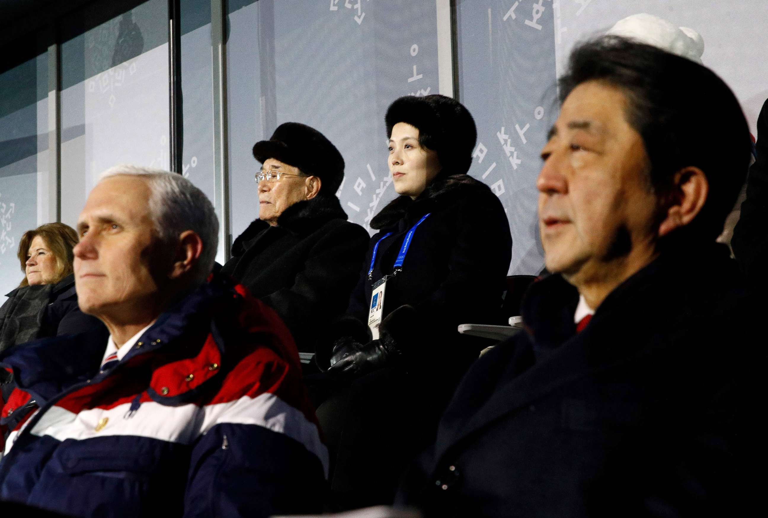 PHOTO: Vice President Mike Pence, Japan's Prime Minister Shinzo Abe, North Korea's ceremonial head of state Kim Yong Nam (back L) and Kim Jong Un's sister Kim Yo Jong watch the opening ceremony of the Pyeongchang 2018 Winter Olympic Games Feb. 9, 2018.