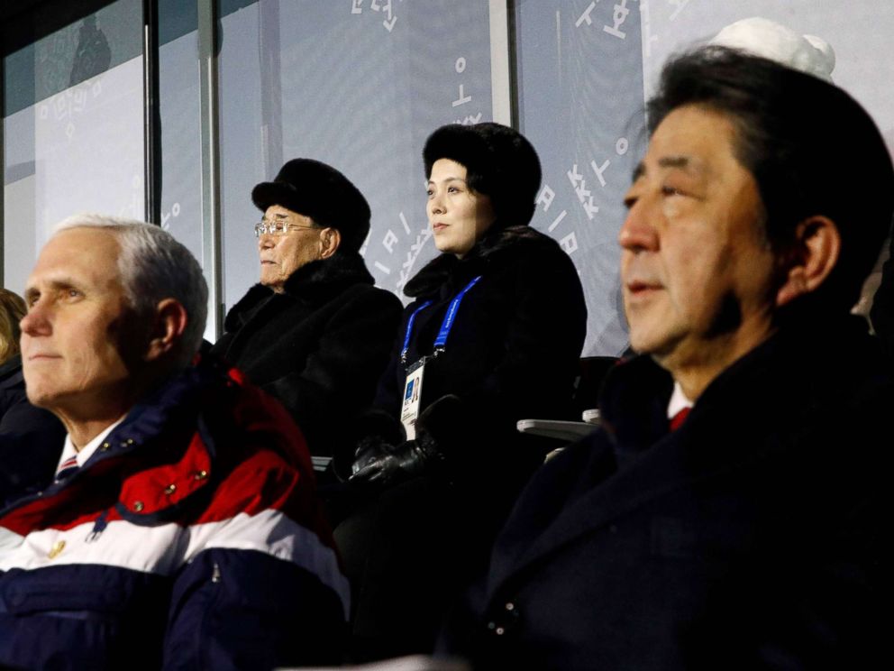 PHOTO: Vice President Mike Pence, Japans Prime Minister Shinzo Abe, North Koreas ceremonial head of state Kim Yong Nam (back L) and Kim Jong Uns sister Kim Yo Jong watch the opening ceremony of the Pyeongchang 2018 Winter Olympic Games Feb. 9, 2018.