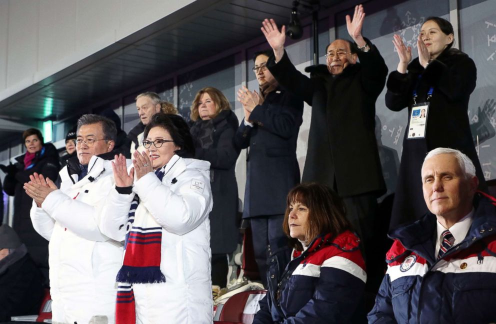 PHOTO: Vice President Mike Pence (R, front row) watches the joint march by the athletes of both North Korea and South Korea at the opening ceremony of the PyeongChang Olympics in PyeongChang, Feb. 9, 2018.