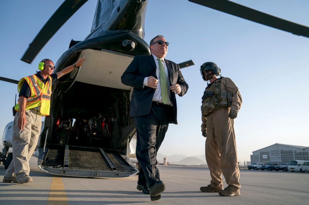 PHOTO: Secretary of State Mike Pompeo arrives back at Camp Alvarado in Kabul, Afghanistan, July 9, 2018, after meeting with Afghan President Ashraf Ghani.