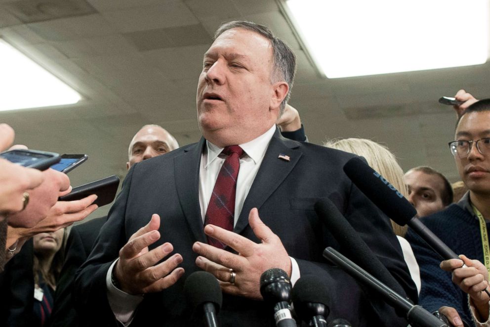 PHOTO: Secretary of State Mike Pompeo speaks to members of the media following a closed briefing for US senators on Saudi Arabia in Washington, DC, Nov. 28, 2018.