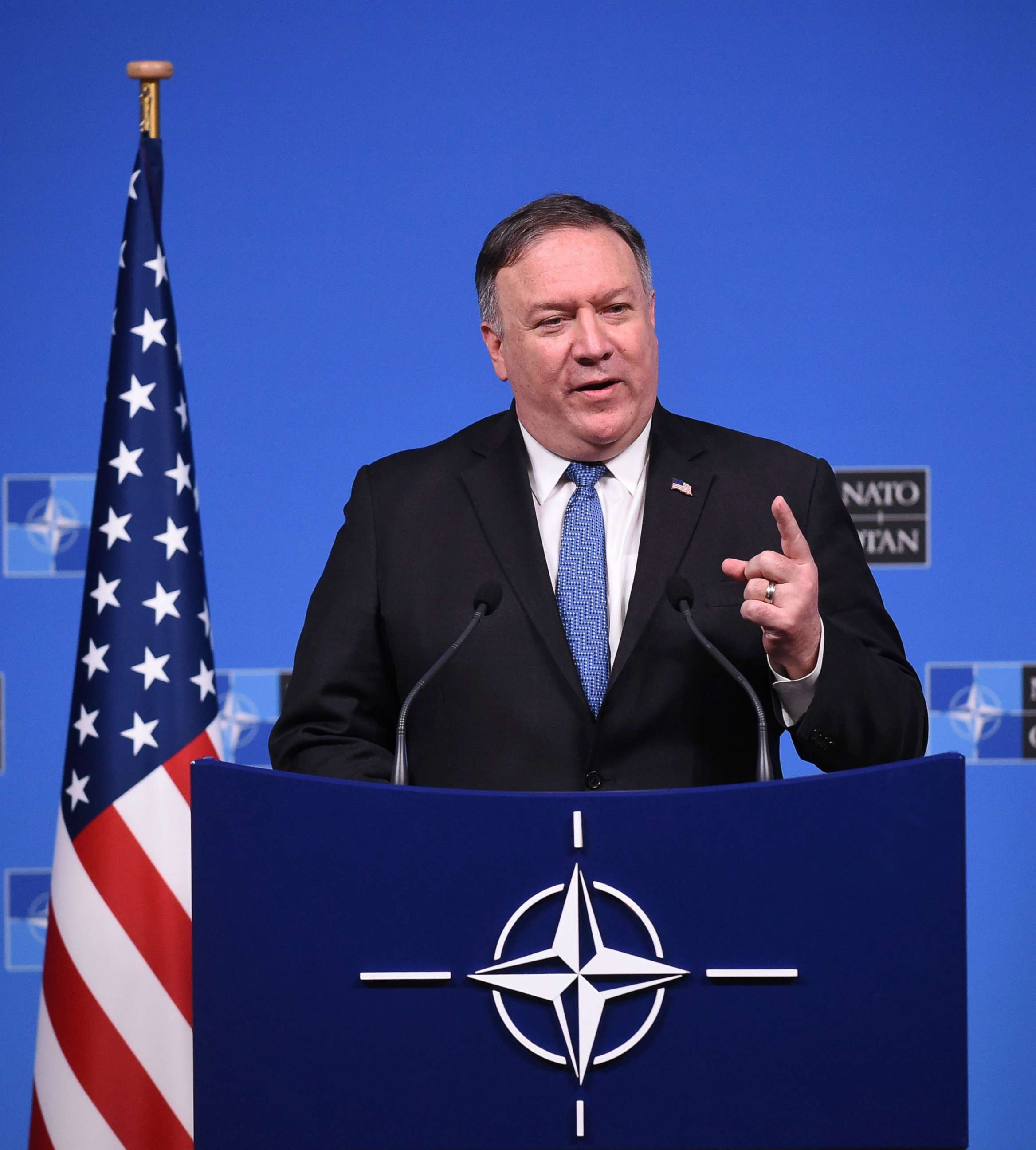 PHOTO: U.S. Secretary of State, Mike Pompeo talks during a press conference after a NATO Foreign Ministers meeting at the NATO headquarters in Brussels, Dec. 4, 2018.