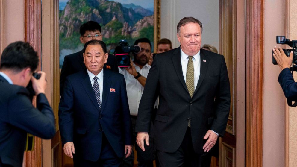 PHOTO: Secretary of State Mike Pompeo (R) and Kim Yong Chol (L), North Korean senior ruling party official and former intelligence chief, return to discussions after a break at Park Hwa Guest House in Pyongyang on July 7, 2018.