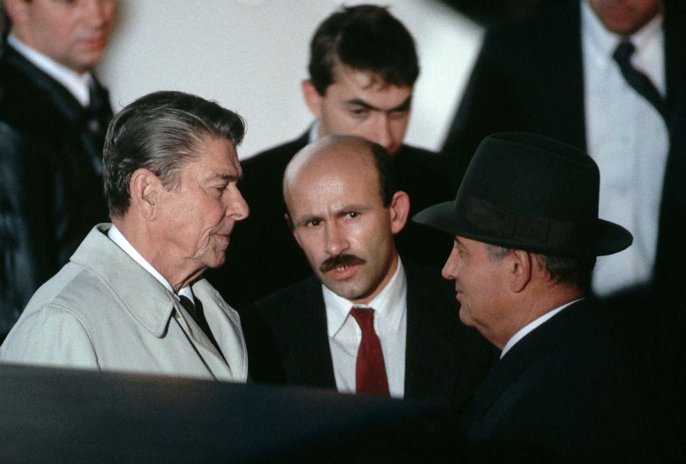 PHOTO: Soviet leader Mikhail Gorbachev and President Ronald Reagan face each other at the end of their 1987 summit meeting in Reykjavik, Iceland, Oct. 12, 1986.
