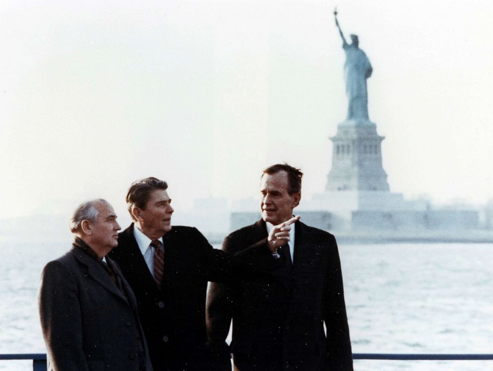 Russian leader Mikhail Gorbachev with President Ronald Reagan and Vice-President George Bush on Governor's Island in New York City, December 7 1988.