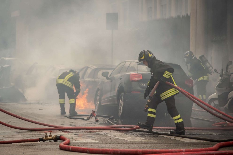 PHOTO: Emergency workers attend to the scene of an explosion in Milan on May 11, 2023.