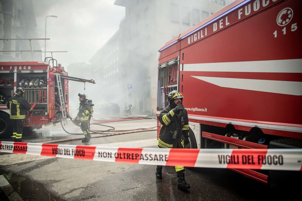 PHOTO: Emergency workers attend to the scene of an explosion in Milan on May 11, 2023.