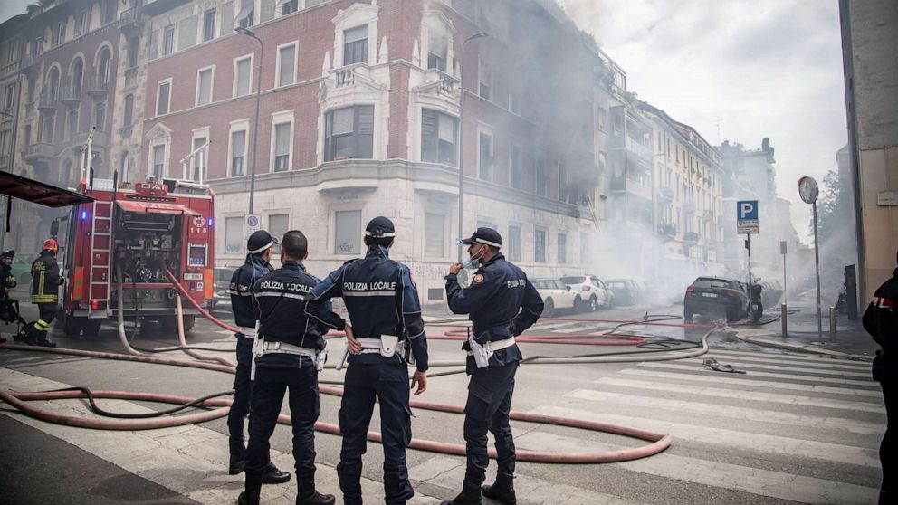 PHOTO: Emergency workers attend to the scene of an explosion in Milan on May 11, 2023.