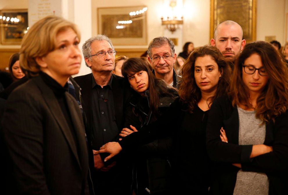 PHOTO: Daniel Knoll stands with family in The Synagogue des Tournelles in Paris, March 28, 2018, during a service in memory of his mother, Mireille Knoll, an 85-year-old Jewish woman murdered in her home in what police believe was an anti-Semitic attack.