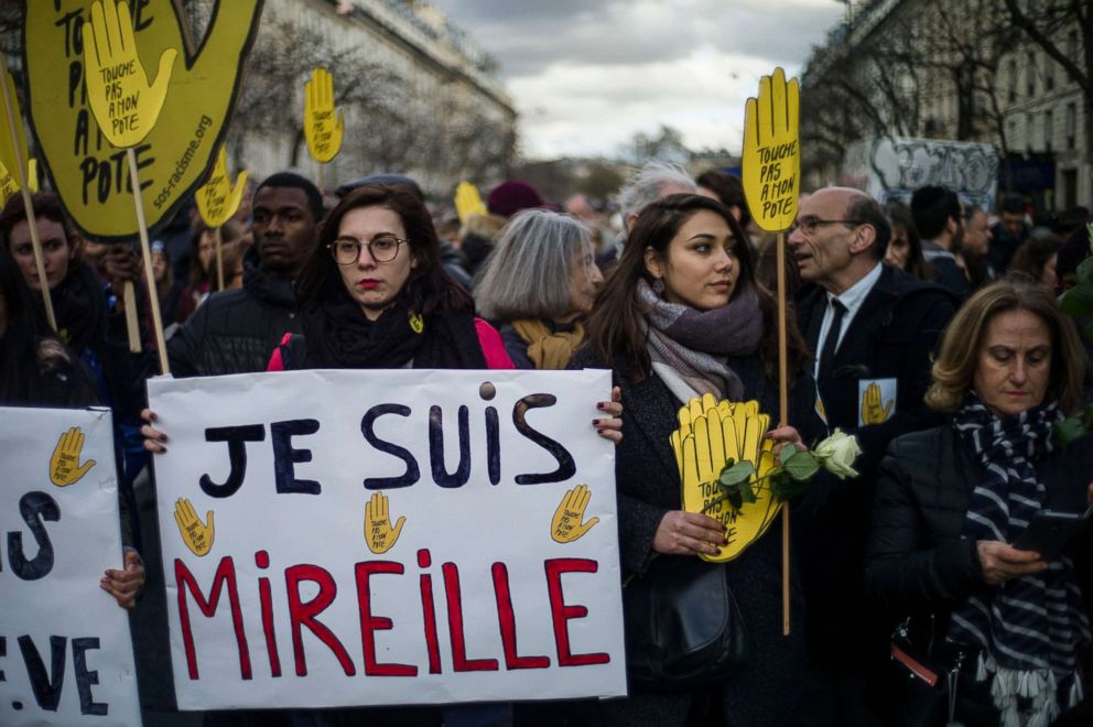 PHOTO: Thousands of people participate in a silent march in Paris, France, March 28, 2018, in commemoration of Mireille Knoll, an 85-year-old Jewish woman who was murdered in her home in what police believe was an anti-Semitic attack.