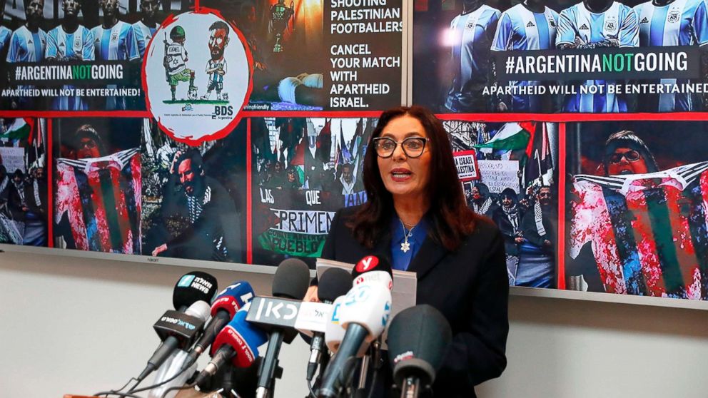 Israeli Culture and Sport Minister Miri Regev speaks during a press conference, June 6, 2018, in Tel Aviv, following the cancellation of the game between the Israeli and Argentina.