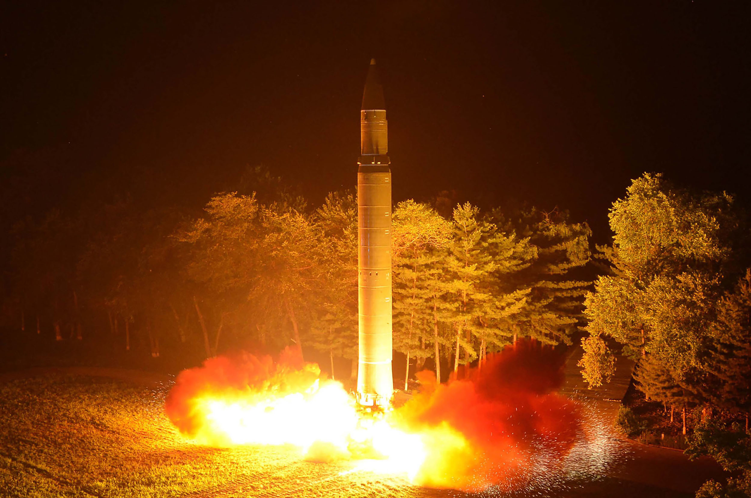 PHOTO: An image released by North Korea's official Korean Central News Agency on July 29, 2017 shows North Korea's intercontinental ballistic missile, Hwasong-14, being launched at an undisclosed place in North Korea.