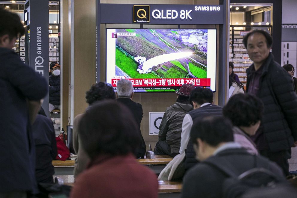 PHOTO: People watch a television broadcast reporting the North Korean missile launch at the Seoul Railway Station on Oct. 31, 2019 in Seoul, South Korea.