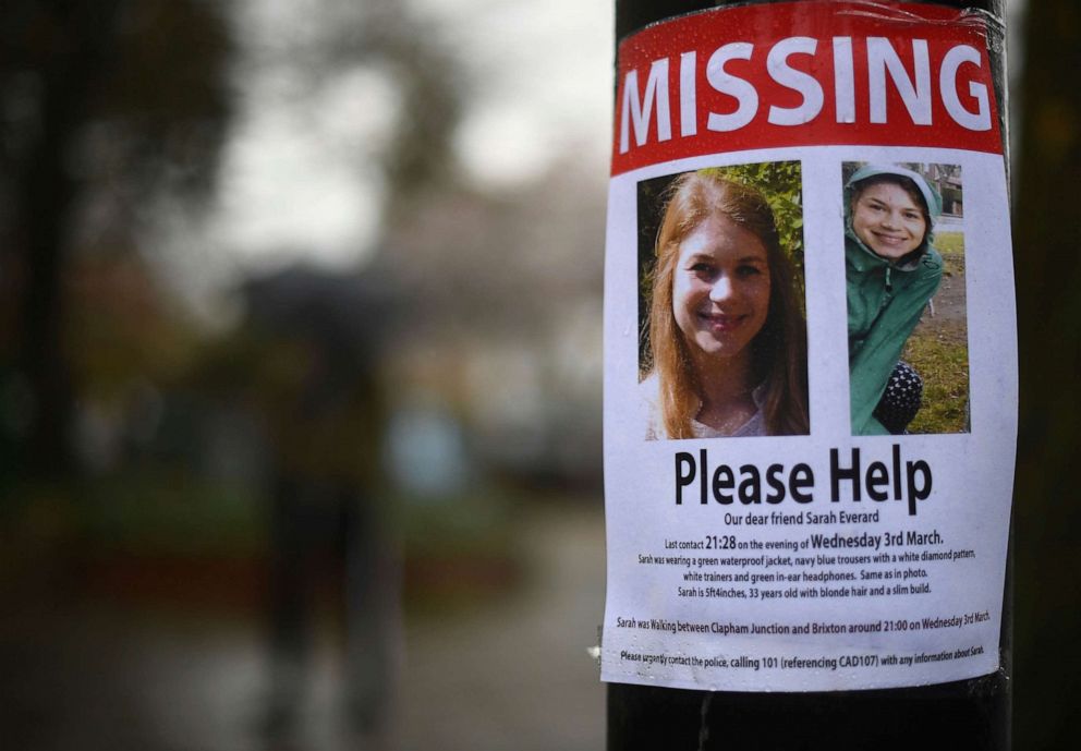 PHOTO: A missing sign outside Poynders Court on the A205 in Clapham, London Wednesday March 10, 2021 during the continuing search for Sarah Everard who has been missing for a week.
